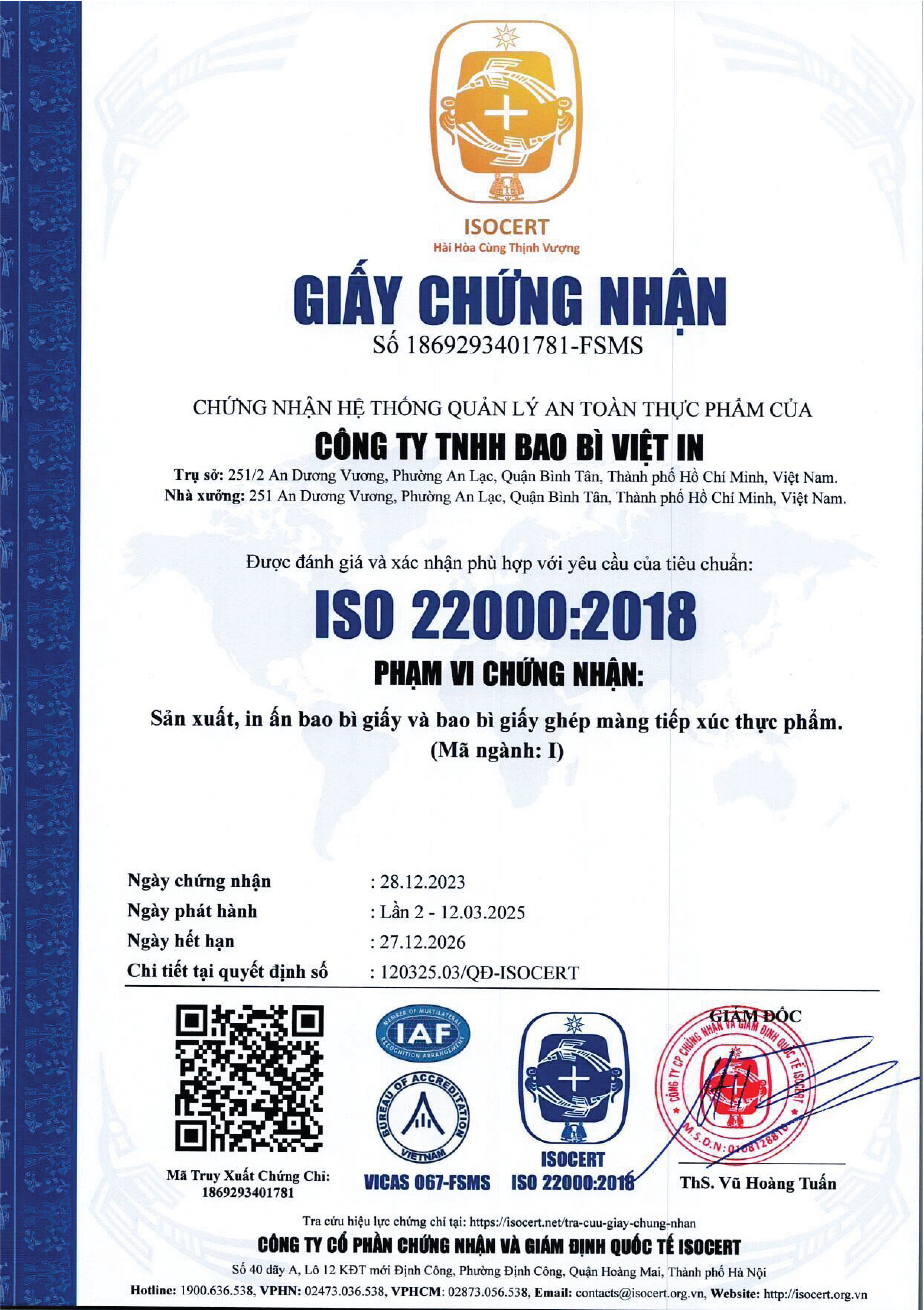 C&ocirc;ng ty bao b&igrave; in ấn c&oacute; ISO 22000
