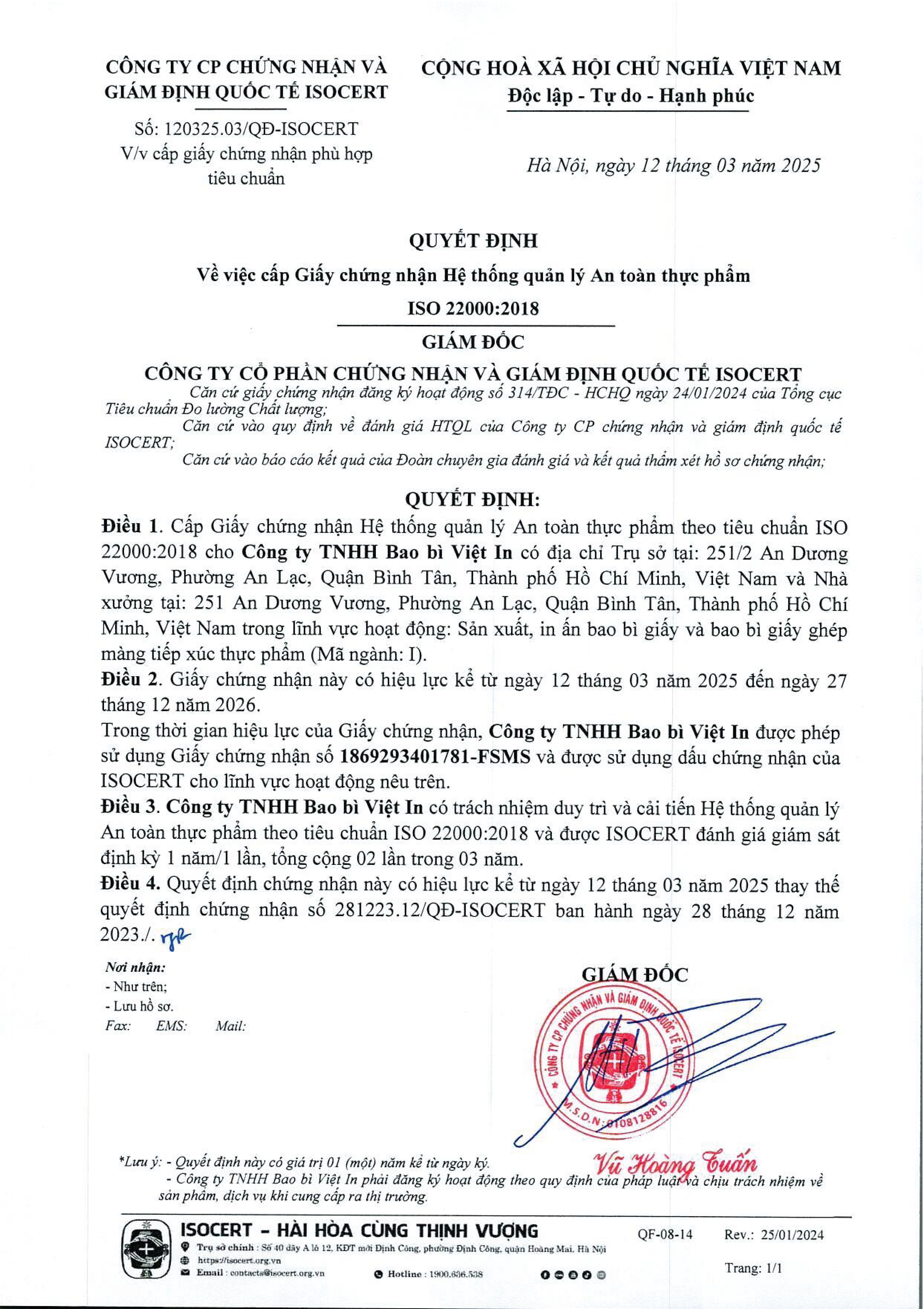 CTY in ấn c&oacute; ISO 22000:2018 gi&uacute;p doanh nghiệp F&B đảm bảo an to&agrave;n bao b&igrave;, tr&aacute;nh nhiễm ch&eacute;o, kiểm so&aacute;t vệ sinh, truy xuất nguồn gốc