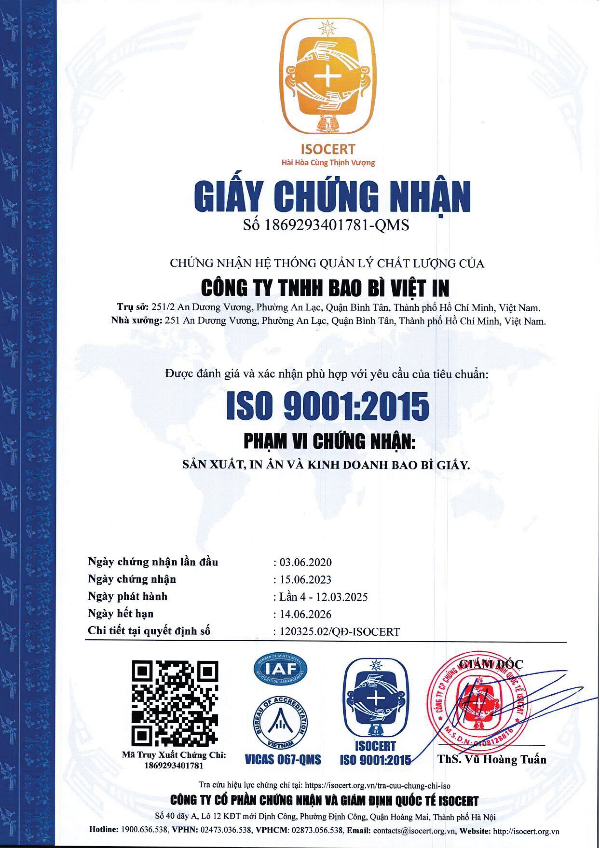 C&ocirc;ng ty bao b&igrave; in ấn c&oacute; ISO 9001